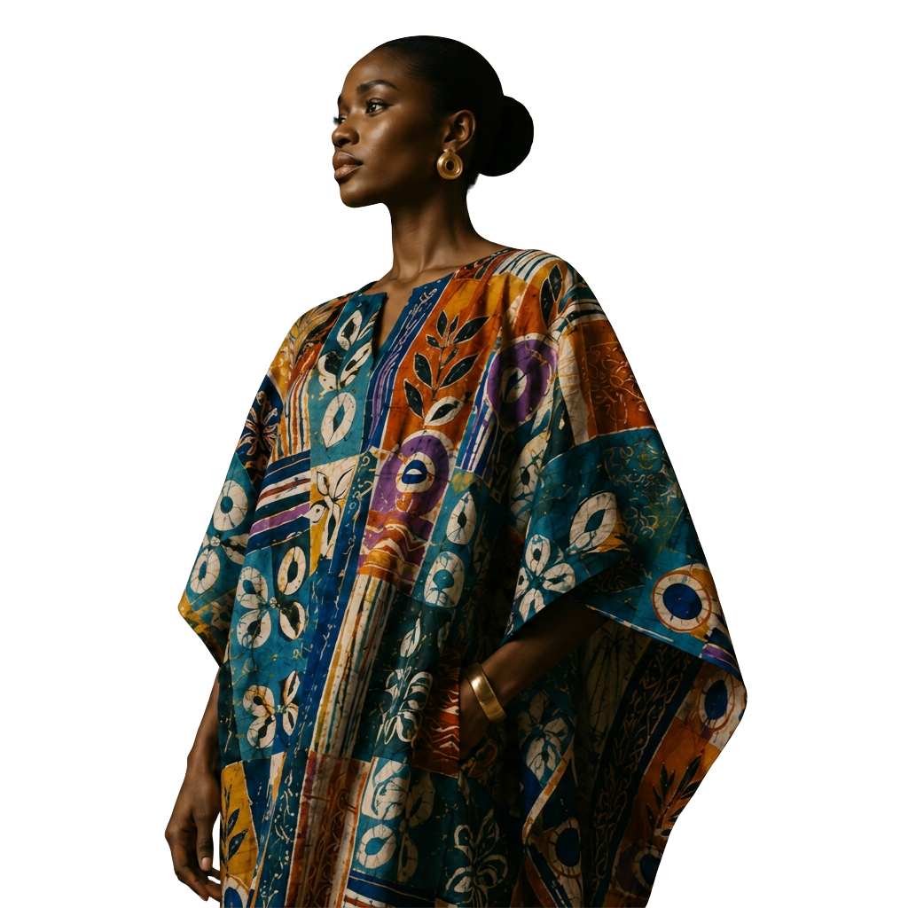 Onijama editorial — model wearing a signature batik kaftan